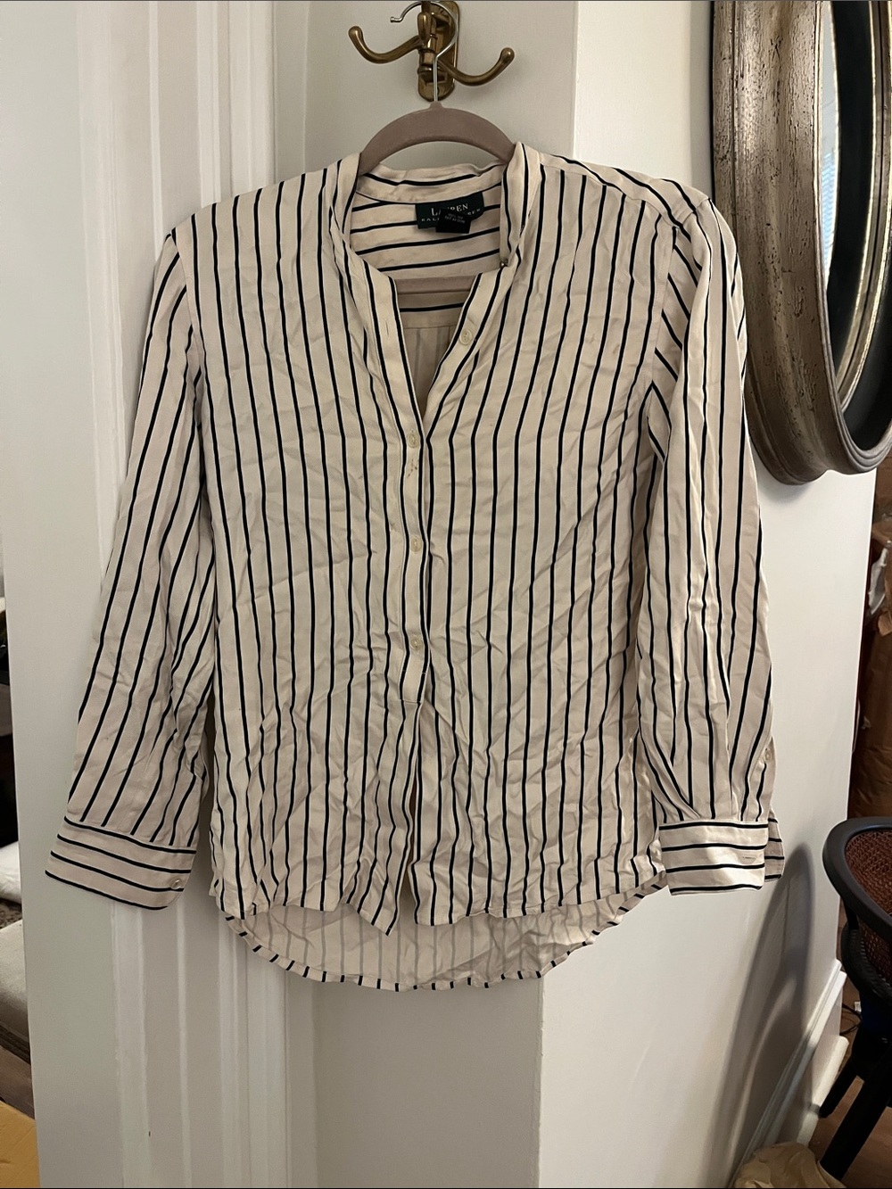 Ralph Lauren and Navy Vertical-Stripe Silk Pajama Set Petite
